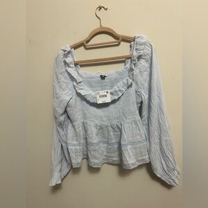 American Eagle Light Blue Ruffle Smocked Peasant Top NWT Size L